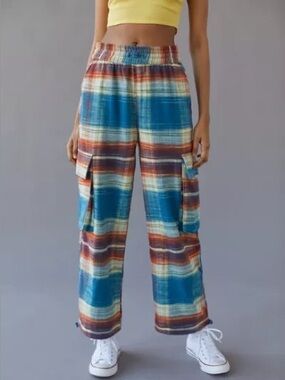 Urban Outfitters BDG Darren Flannel Plaid Cargo Pants Sz Small Baggy Blue Orange
